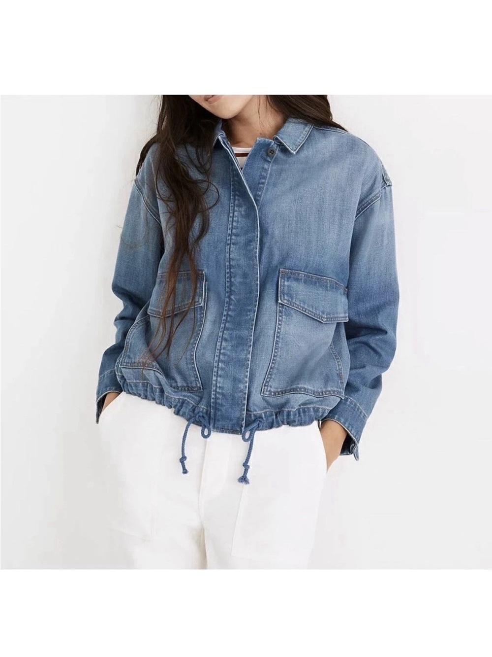 Madewell Denim Drawstring Military Shirt Jacket in Glenmar Wash Size Medium